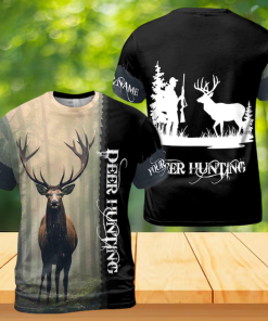 Customize Name Deer Hunting In The Forest Black White 3D T-Shirt
