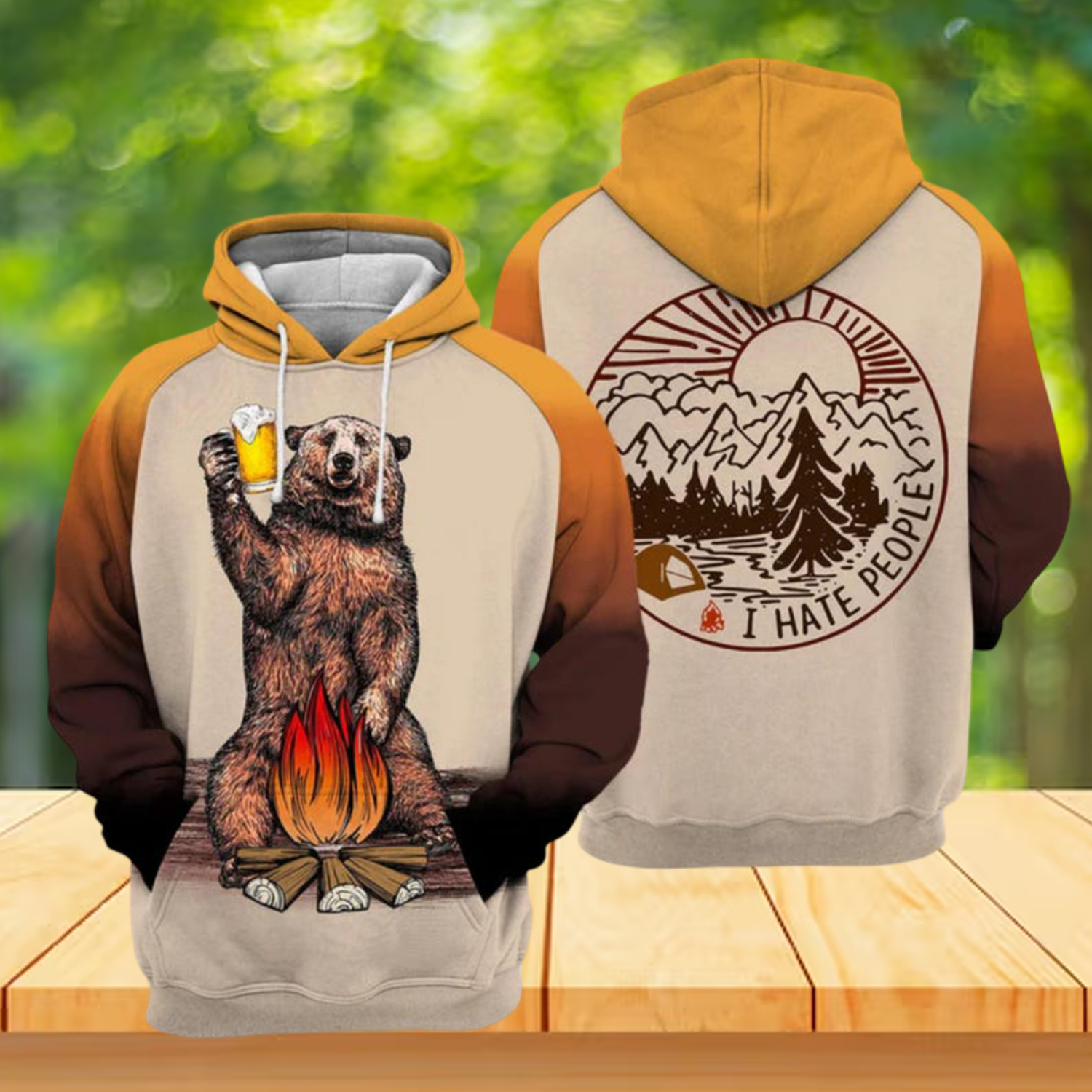 Funny Bear Camping Hoodie, I Hate People Beer Campfire Graphic Unisex All Over Hoodie