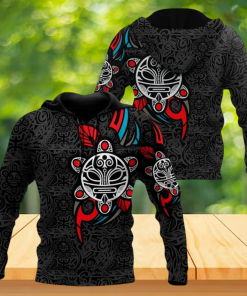 Tribal Turtle Black Red Teal Tiki Mask All Over Hoodie